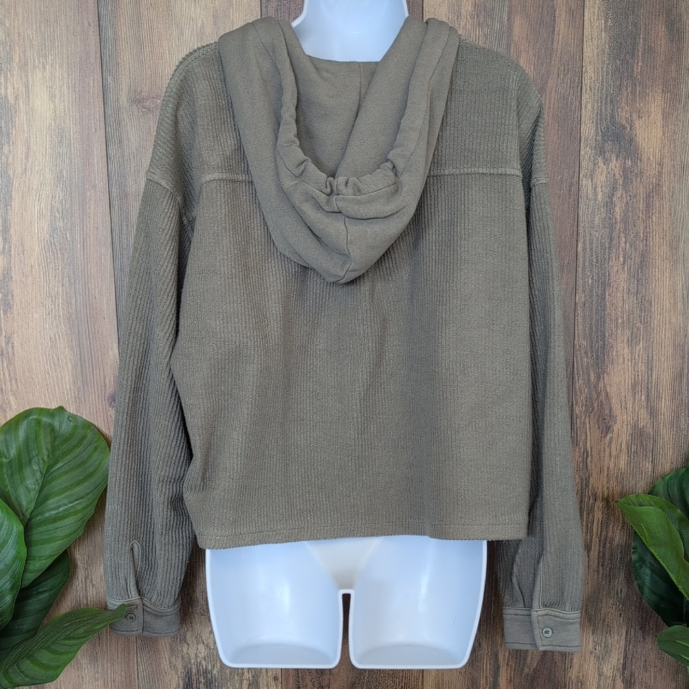 American Eagle Outfitters Olive Green Ribbed Crop Hoodie L M666 - Picture 5 of 7